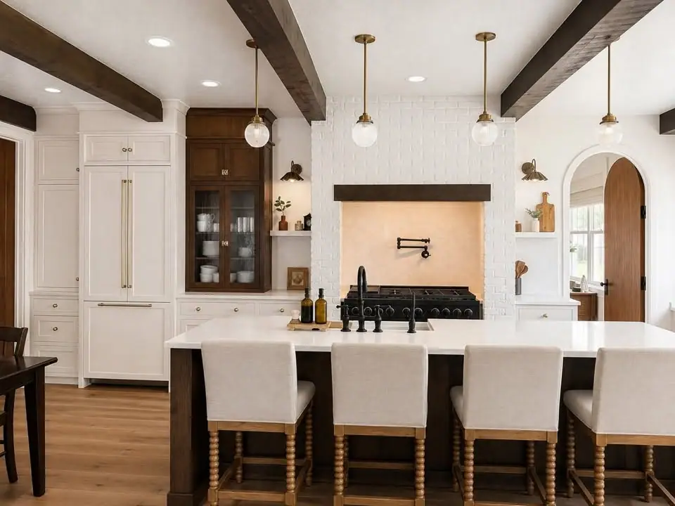 Remodeled kitchen with wood beams, white quartz island, and pendant lights