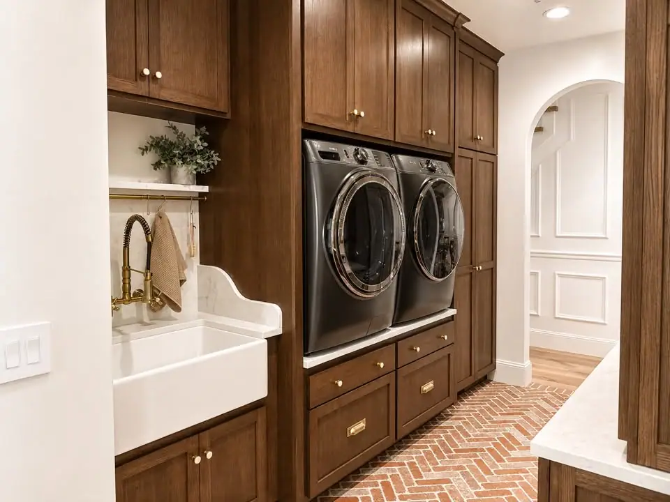 Laundry room with farmhouse sink, soapstone counter, and thin-brick herringbone floor
