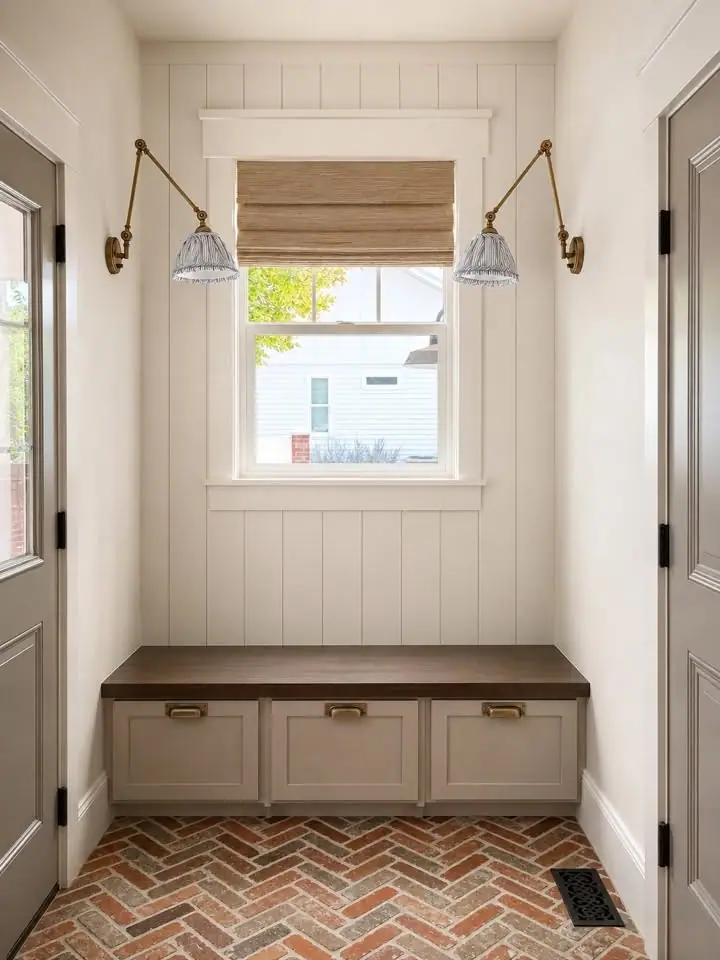 Mudroom bench with thin-brick herringbone floor